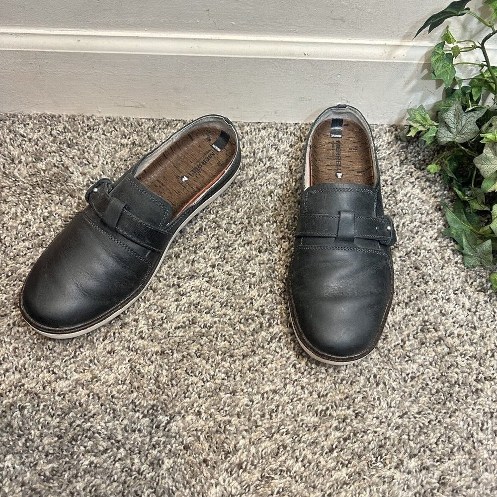 Merrell Black Leather Slip-On Clog Mules with Buckle Accent